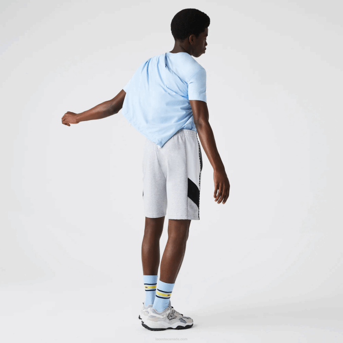Men Lacoste V0ZN1603 Grey Chine White Black P0F Lettered Bands Fleece Bermuda Shorts - Image 3