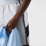 Men Lacoste V0ZN1603 Grey Chine White Black P0F Lettered Bands Fleece Bermuda Shorts - Image 4