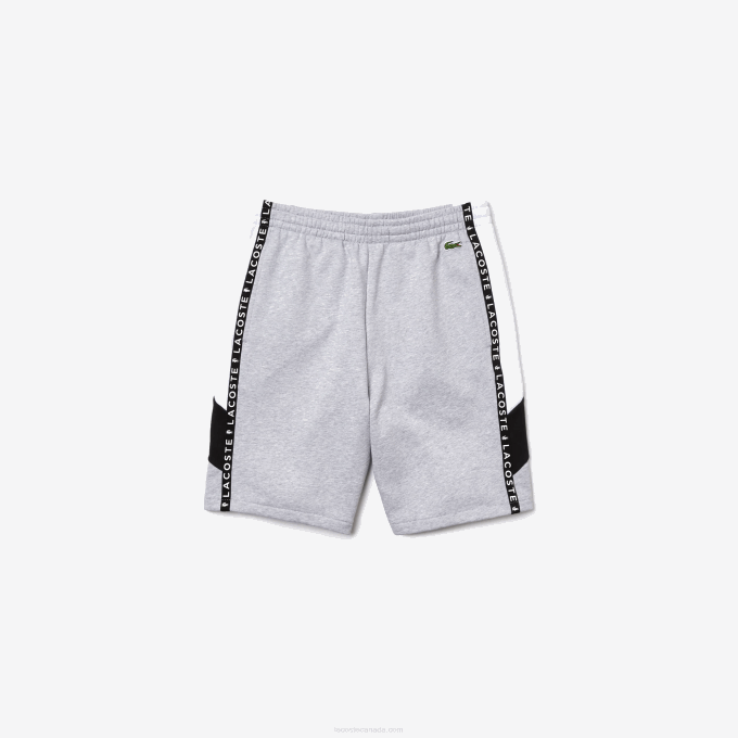 Men Lacoste V0ZN1603 Grey Chine White Black P0F Lettered Bands Fleece Bermuda Shorts - Image 5