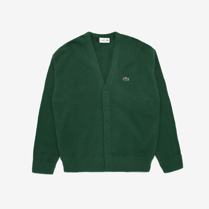 Men Lacoste V0ZN1606 Green 132 Relaxed Fit Tone-on-Tone Buttons Wool Cardigan - Image 1