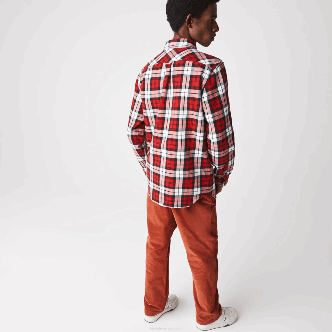 Men Lacoste V0ZN1607 White Red Navy Blue SXB Regular Fit Checkered Thick Flannel Overshirt - Image 3