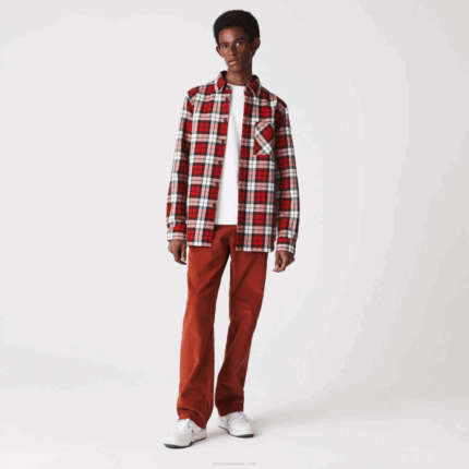 Men Lacoste V0ZN1607 White Red Navy Blue SXB Regular Fit Checkered Thick Flannel Overshirt
