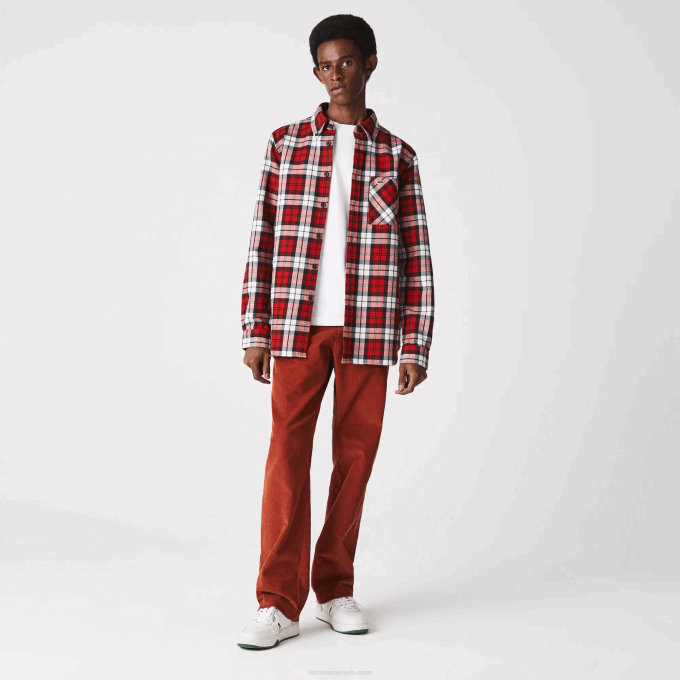 Men Lacoste V0ZN1607 White Red Navy Blue SXB Regular Fit Checkered Thick Flannel Overshirt - Image 1