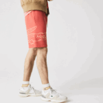 Men Lacoste V0ZN1608 Red 67G Crocodile Print Fleece Shorts - Image 2
