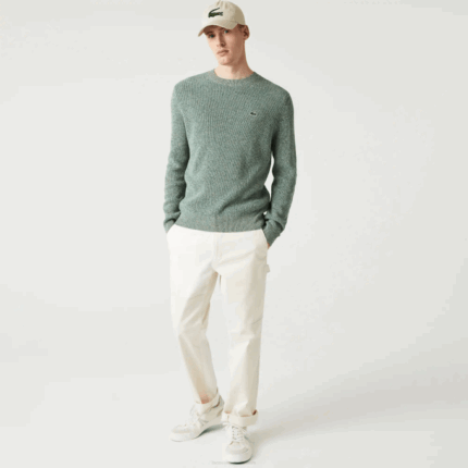 Men Lacoste V0ZN1621 White Green Beige AYQ Crew Neck Heathered Knit Sweater