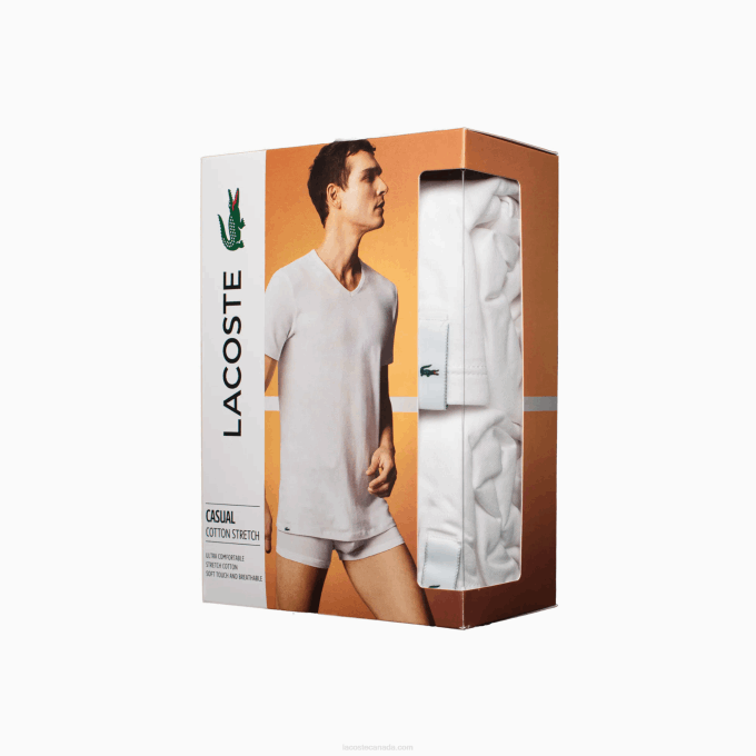 Men Lacoste V0ZN1623 White 001 V-neck Cotton Lounge T-shirt 2-Pack - Image 2