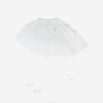 Men Lacoste V0ZN1623 White 001 V-neck Cotton Lounge T-shirt 2-Pack