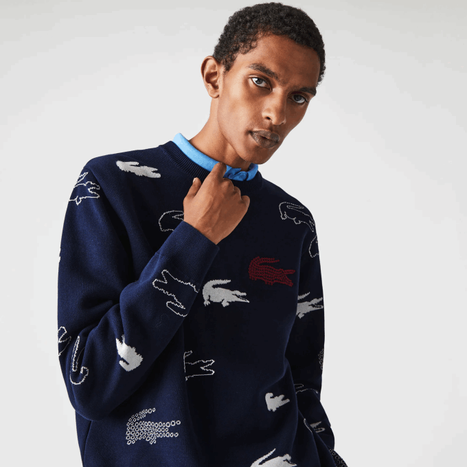 Men Lacoste V0ZN1629 Black/White HHW Made In France Crew Neck Organic Cotton Jacquard Sweater - Image 2