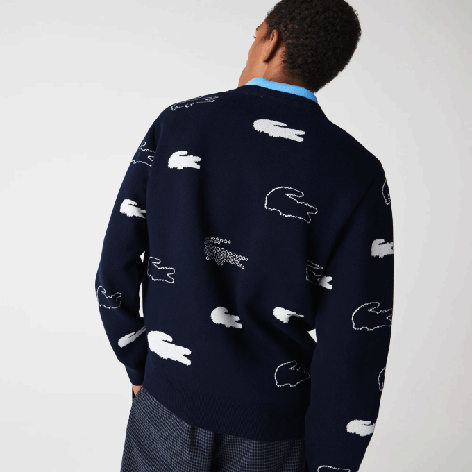 Men Lacoste V0ZN1629 Black/White HHW Made In France Crew Neck Organic Cotton Jacquard Sweater - Image 3