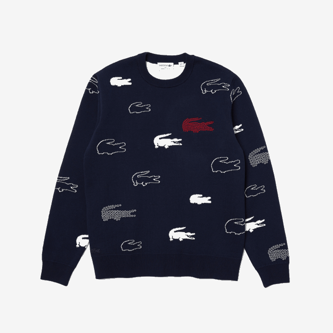 Men Lacoste V0ZN1629 Black/White HHW Made In France Crew Neck Organic Cotton Jacquard Sweater - Image 4