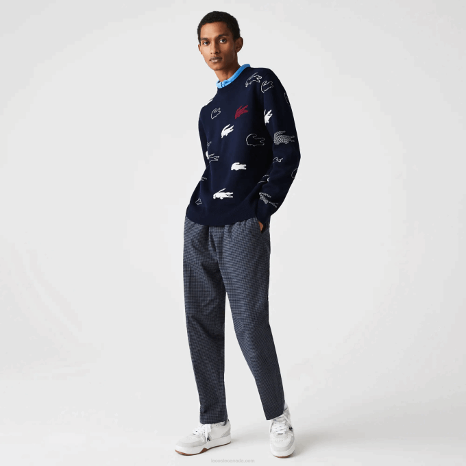 Men Lacoste V0ZN1629 Black/White HHW Made In France Crew Neck Organic Cotton Jacquard Sweater - Image 1