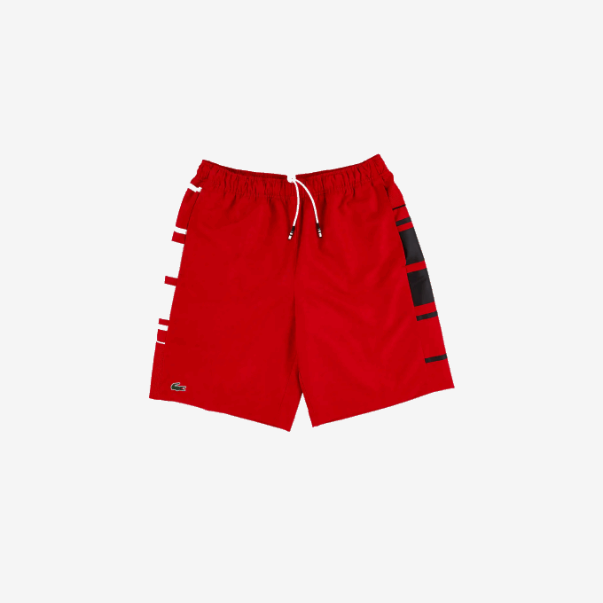 Men Lacoste V0ZN1633 Red White Black CMY SPORT Striped Shorts - Image 1
