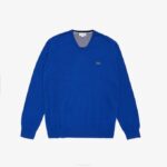 Men Lacoste V0ZN1636 Blue Q3F V-Neck Cotton Sweater