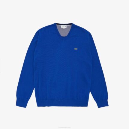 Men Lacoste V0ZN1636 Blue Q3F V-Neck Cotton Sweater