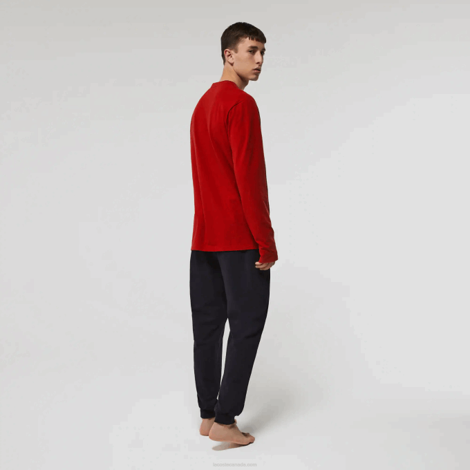Men Lacoste V0ZN1639 Red Navy Blue RX1 Long Stretch Cotton Pyjamas Set - Image 3