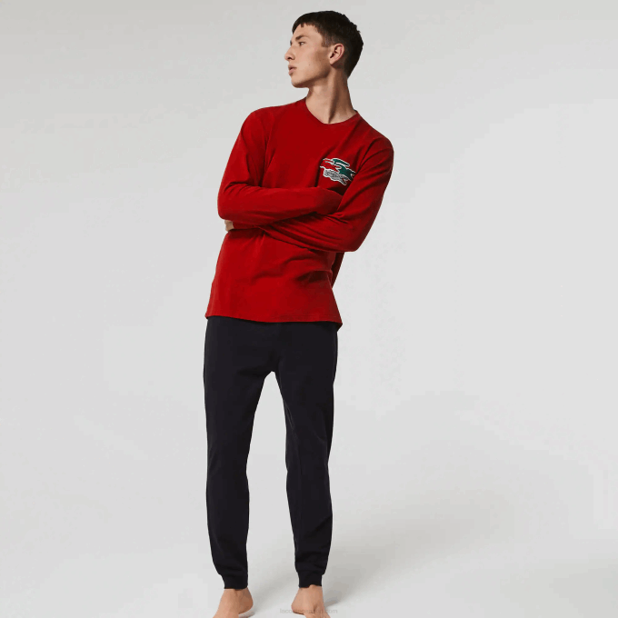 Men Lacoste V0ZN1639 Red Navy Blue RX1 Long Stretch Cotton Pyjamas Set - Image 1