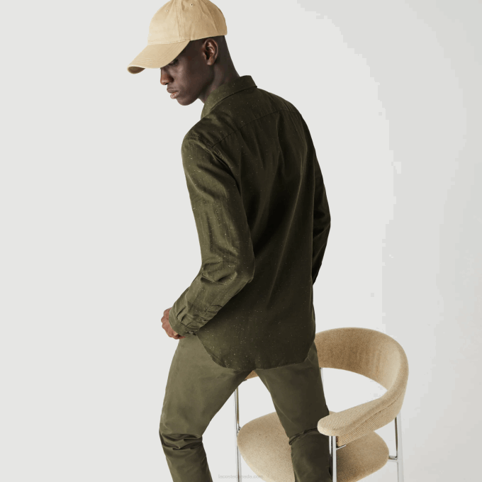 Men Lacoste V0ZN1645 Khaki Green White N8E Slim Fit Flamed Cotton Shirt - Image 3
