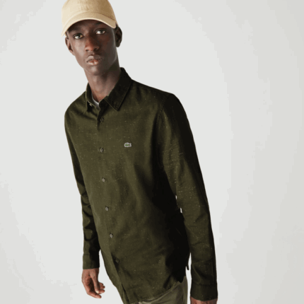 Men Lacoste V0ZN1645 Khaki Green White N8E Slim Fit Flamed Cotton Shirt