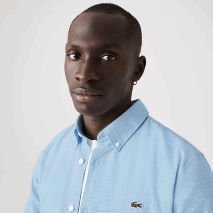 Men Lacoste V0ZN1647 Blue White FV2 Slim Fit Checkered Cotton And Linen Shirt