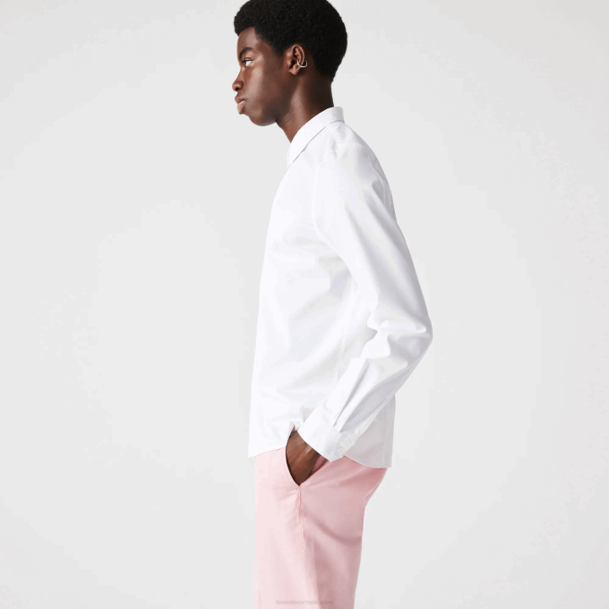 Men Lacoste V0ZN1648 White 001 Slim Fit Concealed Placket Stretch Cotton Poplin Shirt - Image 2