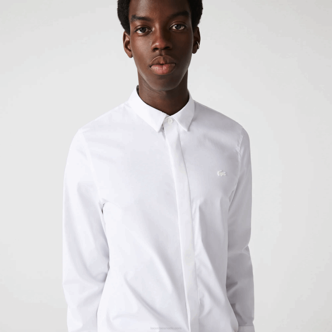 Men Lacoste V0ZN1648 White 001 Slim Fit Concealed Placket Stretch Cotton Poplin Shirt - Image 4
