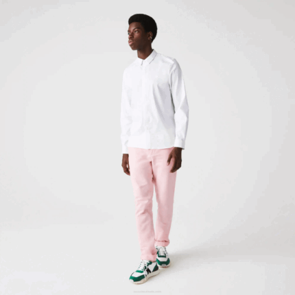 Men Lacoste V0ZN1648 White 001 Slim Fit Concealed Placket Stretch Cotton Poplin Shirt