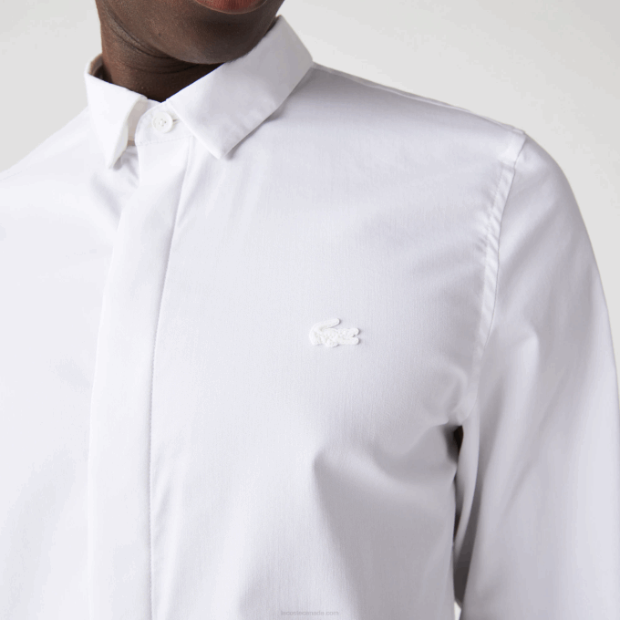 Men Lacoste V0ZN1648 White 001 Slim Fit Concealed Placket Stretch Cotton Poplin Shirt - Image 6