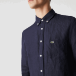 Men Lacoste V0ZN1650 Navy Blue 166 Regular Fit Linen Shirt - Image 4