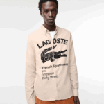Men Lacoste V0ZN1654 Beige Black UB7 Regular Fit Branded Flannel Shirt