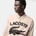 Men Lacoste V0ZN1654 Beige Black UB7 Regular Fit Branded Flannel Shirt - Image 8