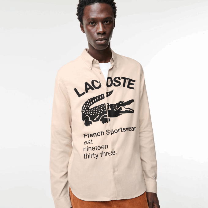 Men Lacoste V0ZN1654 Beige Black UB7 Regular Fit Branded Flannel Shirt - Image 1