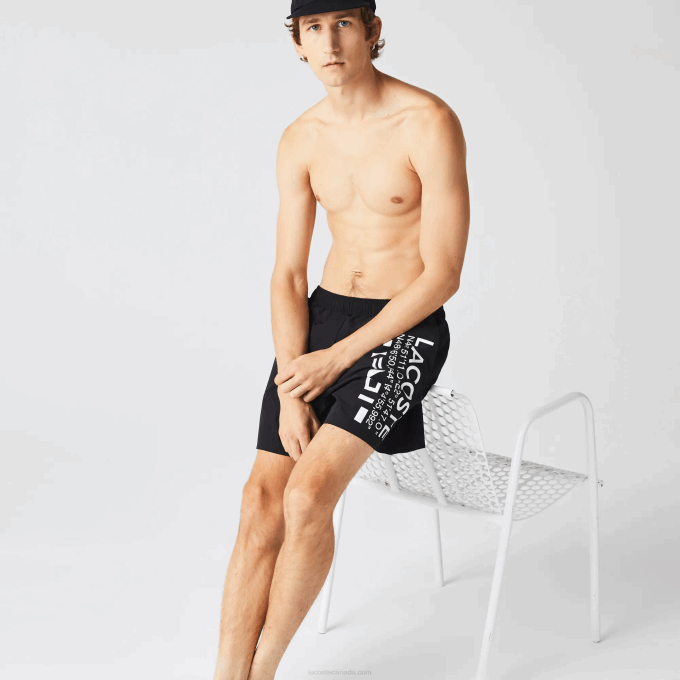 Men Lacoste V0ZN1662 Black White 9M0 Nautical Print Swim Shorts - Image 2