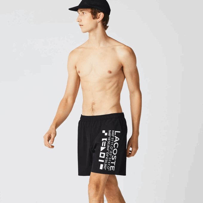Men Lacoste V0ZN1662 Black White 9M0 Nautical Print Swim Shorts - Image 1