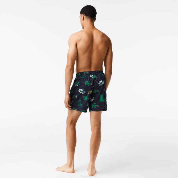 Men Lacoste V0ZN1670 Navy Blue White QRN Mesh Lined Swim Trunks - Image 3