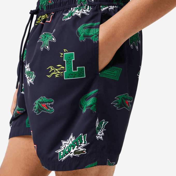 Men Lacoste V0ZN1670 Navy Blue White QRN Mesh Lined Swim Trunks - Image 4