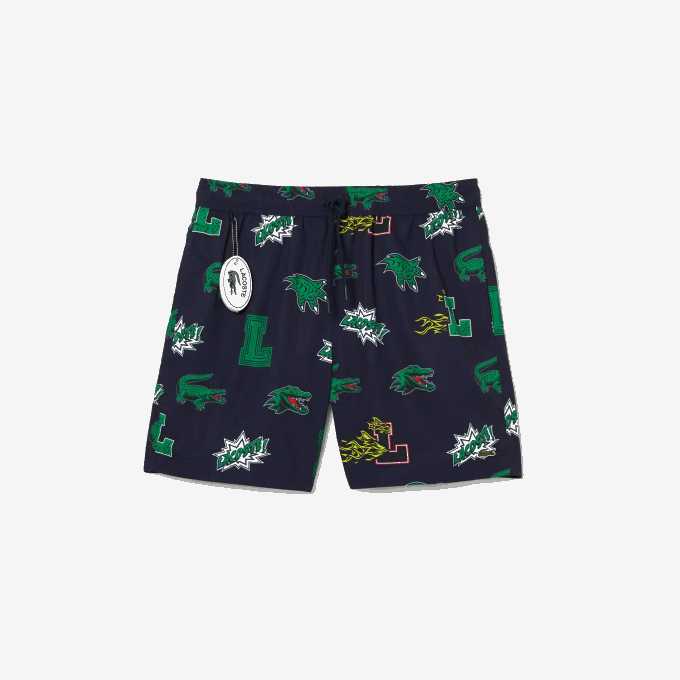 Men Lacoste V0ZN1670 Navy Blue White QRN Mesh Lined Swim Trunks - Image 5