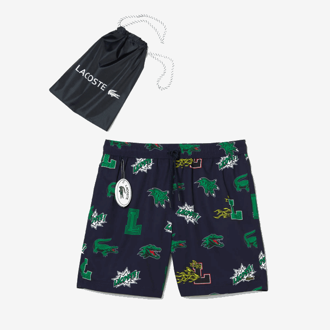 Men Lacoste V0ZN1670 Navy Blue White QRN Mesh Lined Swim Trunks - Image 6