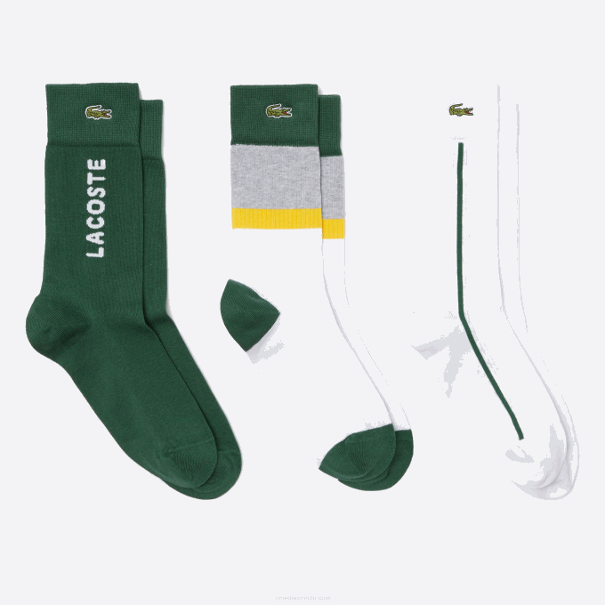 Men Lacoste V0ZN1686 Grey Chine Yellow Green LLY High-Cut Ribbed Cotton Socks Three-Pack - Image 1