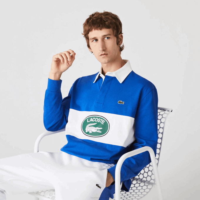 Men Lacoste V0ZN1688 Blue K1Q Branded Loose Fit Rugby Polo - Image 1