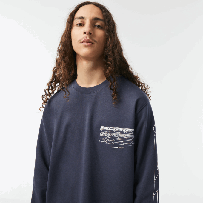 Men Lacoste V0ZN176 Blue KXE Loose Fit Cotton Jersey Long Sleeve T-Shirt - Image 2