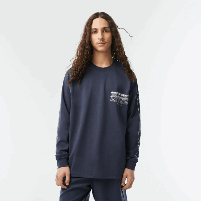 Men Lacoste V0ZN176 Blue KXE Loose Fit Cotton Jersey Long Sleeve T-Shirt - Image 1