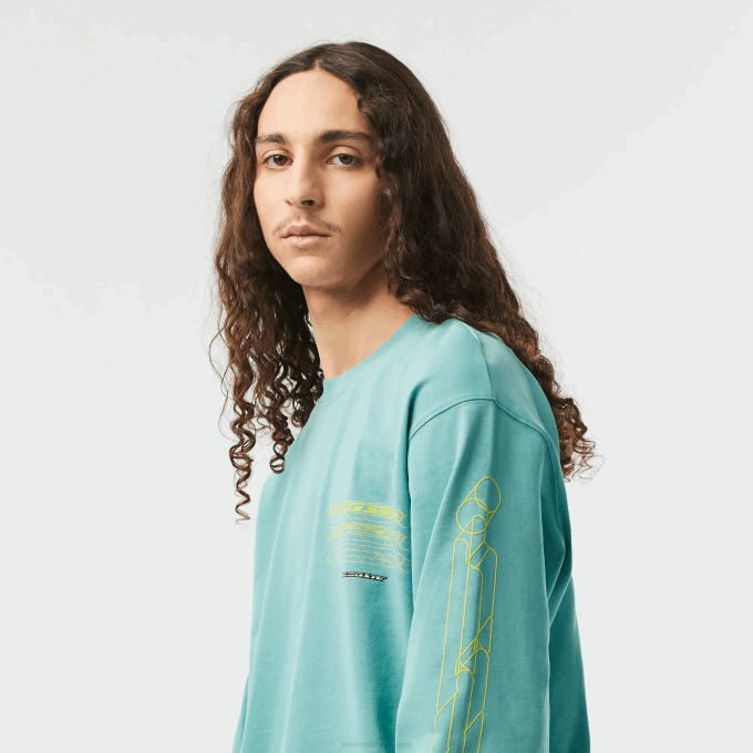 Men Lacoste V0ZN177 Green 3A4 Loose Fit Cotton Jersey Long Sleeve T-Shirt - Image 2