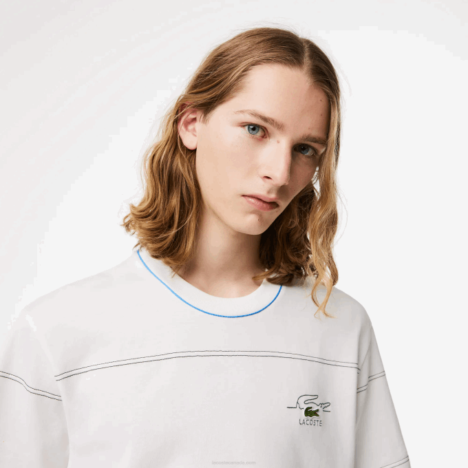 Men Lacoste V0ZN182 White 70V Organic Cotton Jersey Stripe T-Shirt - Image 2
