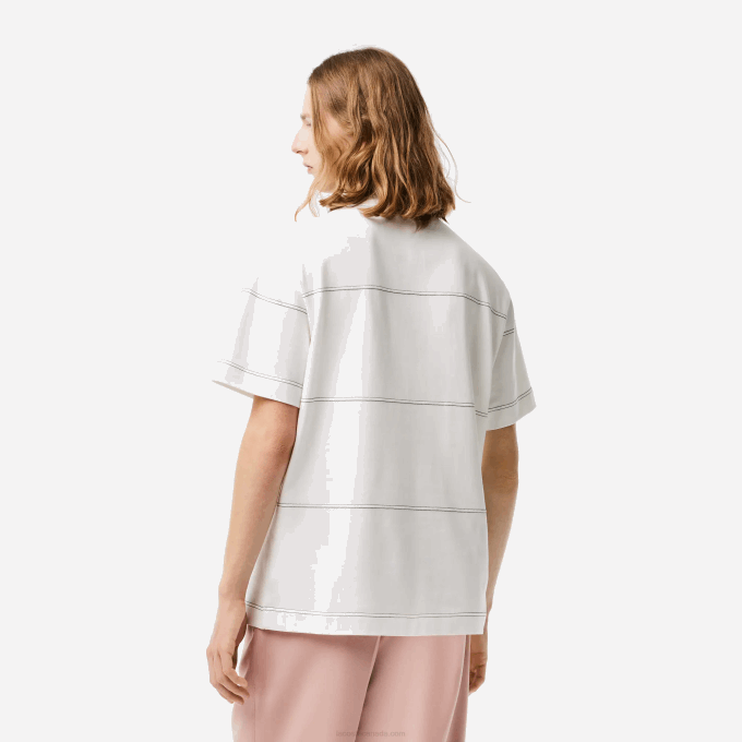 Men Lacoste V0ZN182 White 70V Organic Cotton Jersey Stripe T-Shirt - Image 3