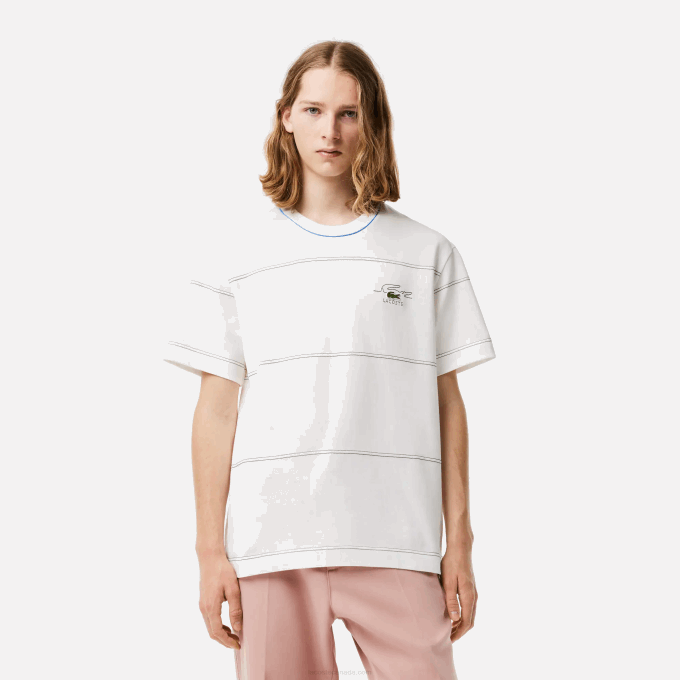 Men Lacoste V0ZN182 White 70V Organic Cotton Jersey Stripe T-Shirt - Image 1
