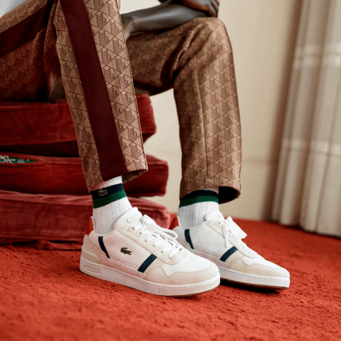 Men Lacoste V0ZN1836 White/Navy & Red 407 T-Clip Tricolor Leather and Suede Sneakers - Image 7