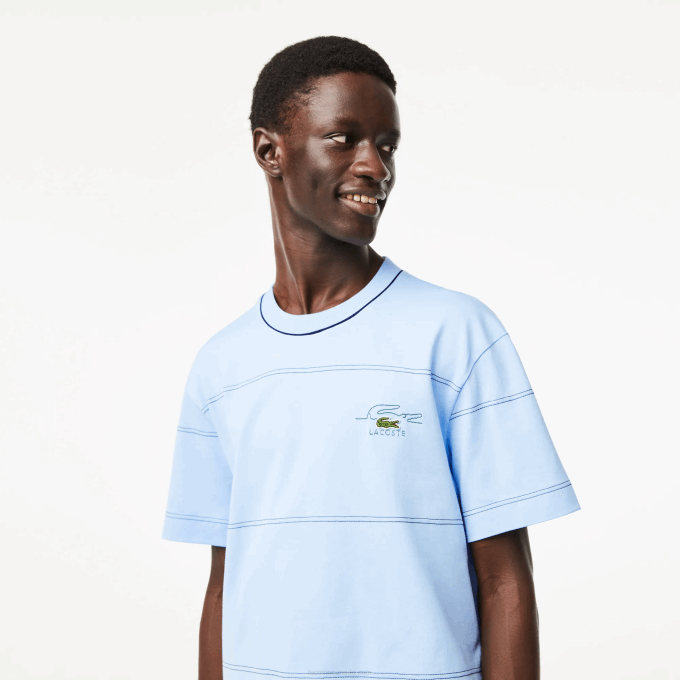 Men Lacoste V0ZN183 Blue HBP Organic Cotton Jersey Stripe T-Shirt - Image 2