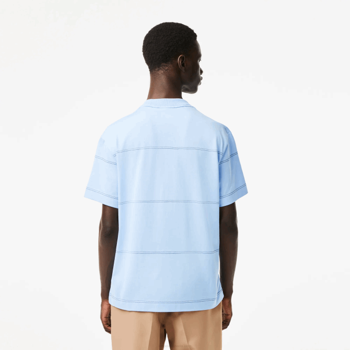 Men Lacoste V0ZN183 Blue HBP Organic Cotton Jersey Stripe T-Shirt - Image 3