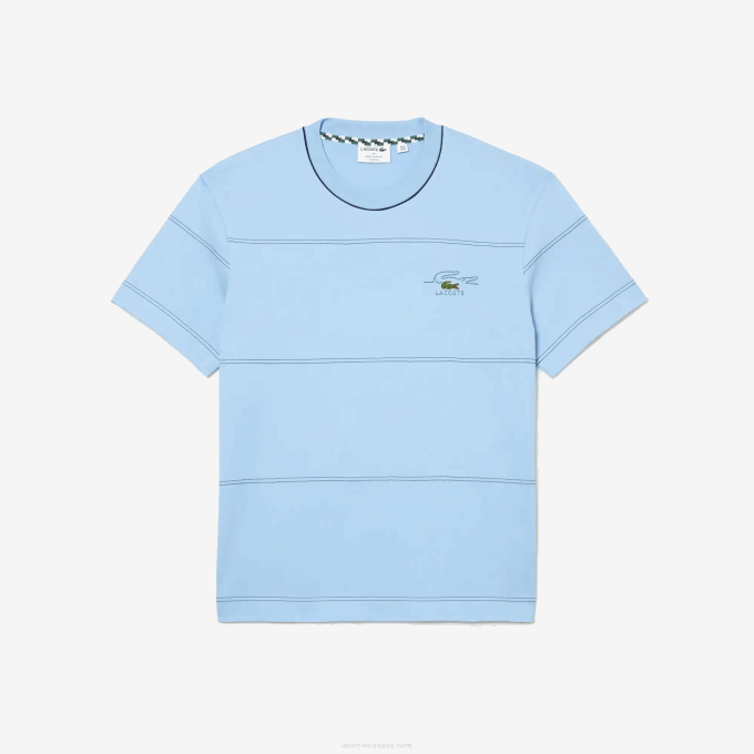 Men Lacoste V0ZN183 Blue HBP Organic Cotton Jersey Stripe T-Shirt - Image 4