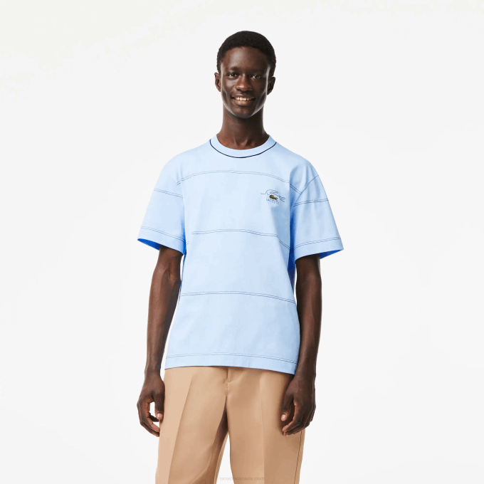 Men Lacoste V0ZN183 Blue HBP Organic Cotton Jersey Stripe T-Shirt - Image 1